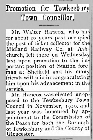 Press clipping from the The Tewkesbury Register, and Agricultural Gazette. 27 January 1923 with details of a promotion for Walter Hancox