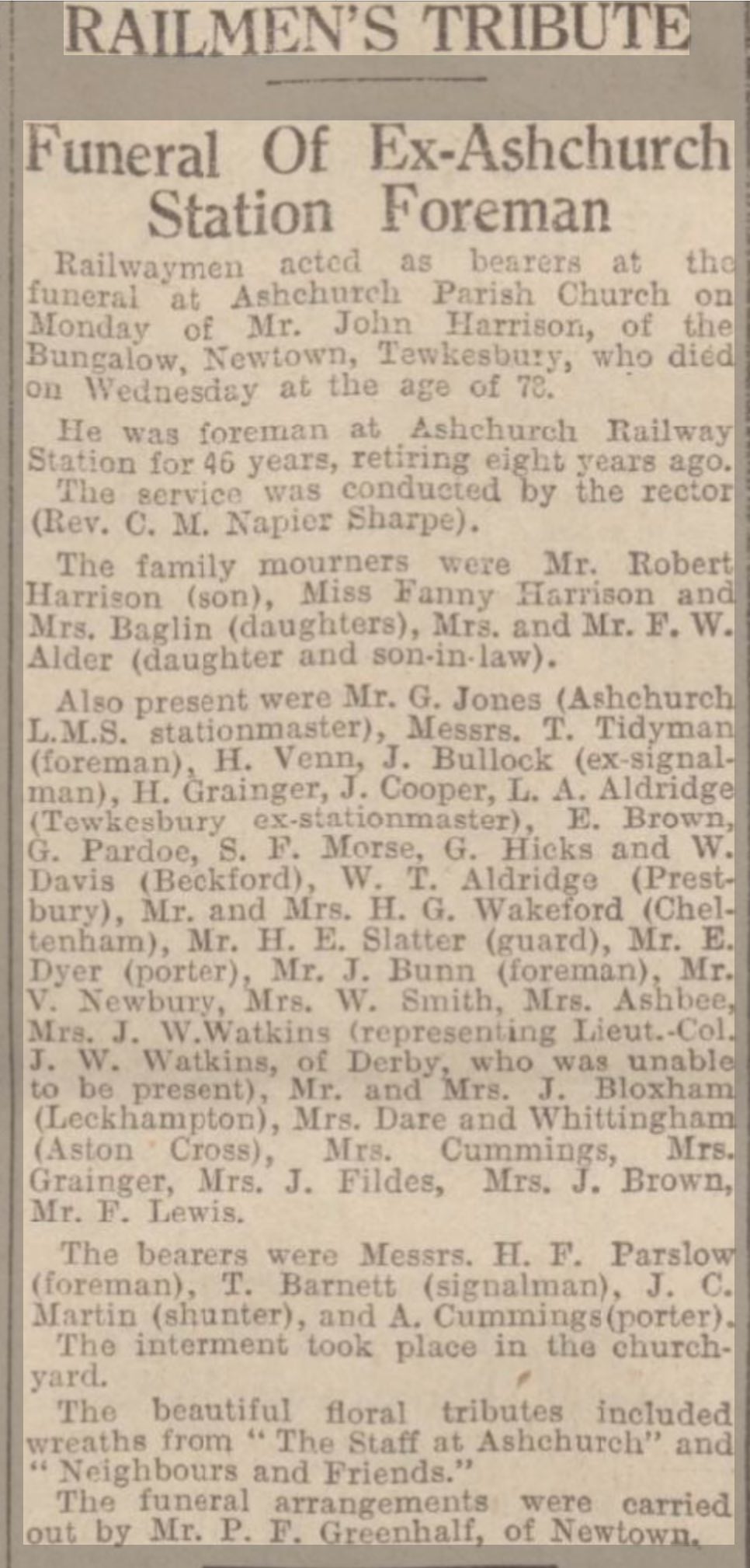 Press clipping from the Cheltenham Chronicle 06 May 1933 with details of John Harrison's funeral