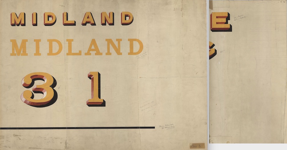 Two sheets of paper on which a signwriter has very ornately painted 'Midland' (twice) and the numerals for First and Third Class