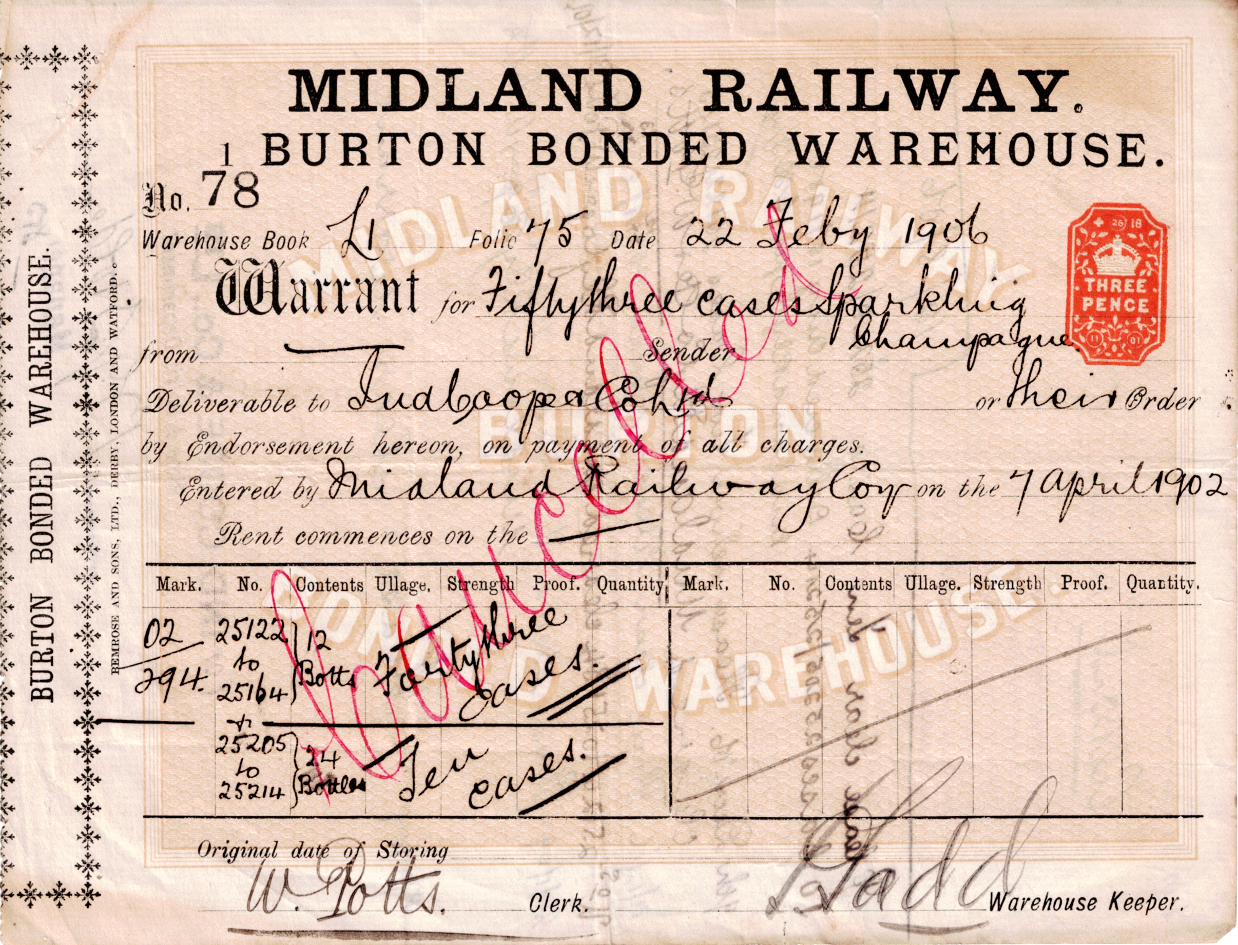 Midland Railway Burton Bonded Warehouse Warrant