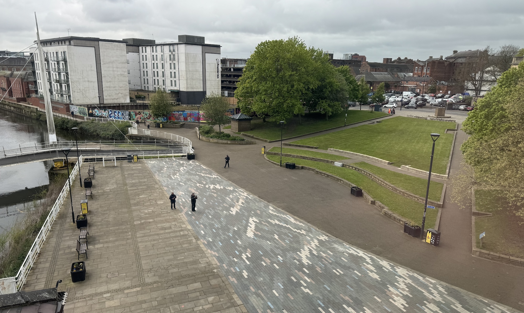 A view from the upper floors of the Silk Mill showing Cathederal Green and the area around the River Derwent.