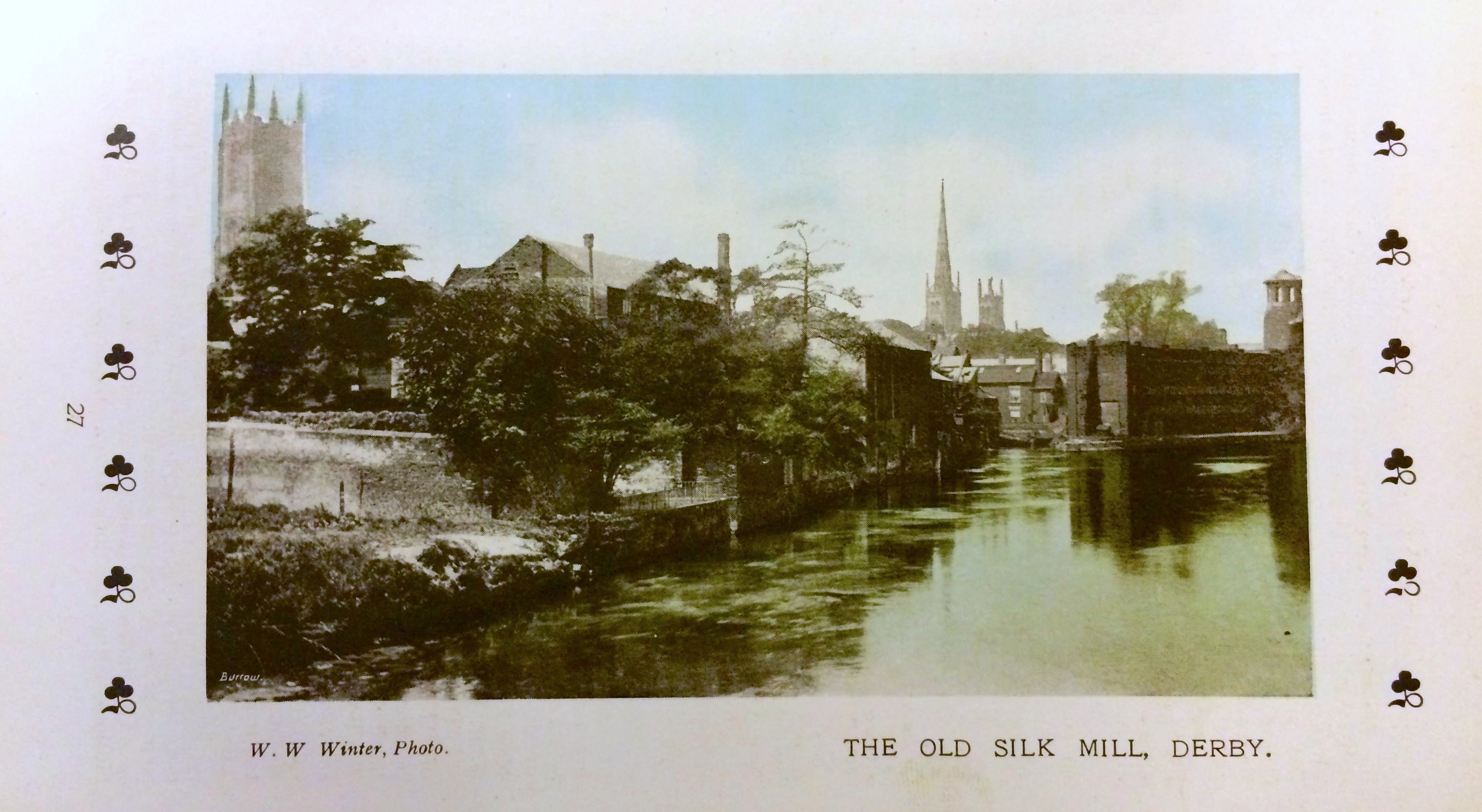 An antique print view of the River Derwent in Derby with the Silk Mill in the distance, viewed from the Exeter Bridge.