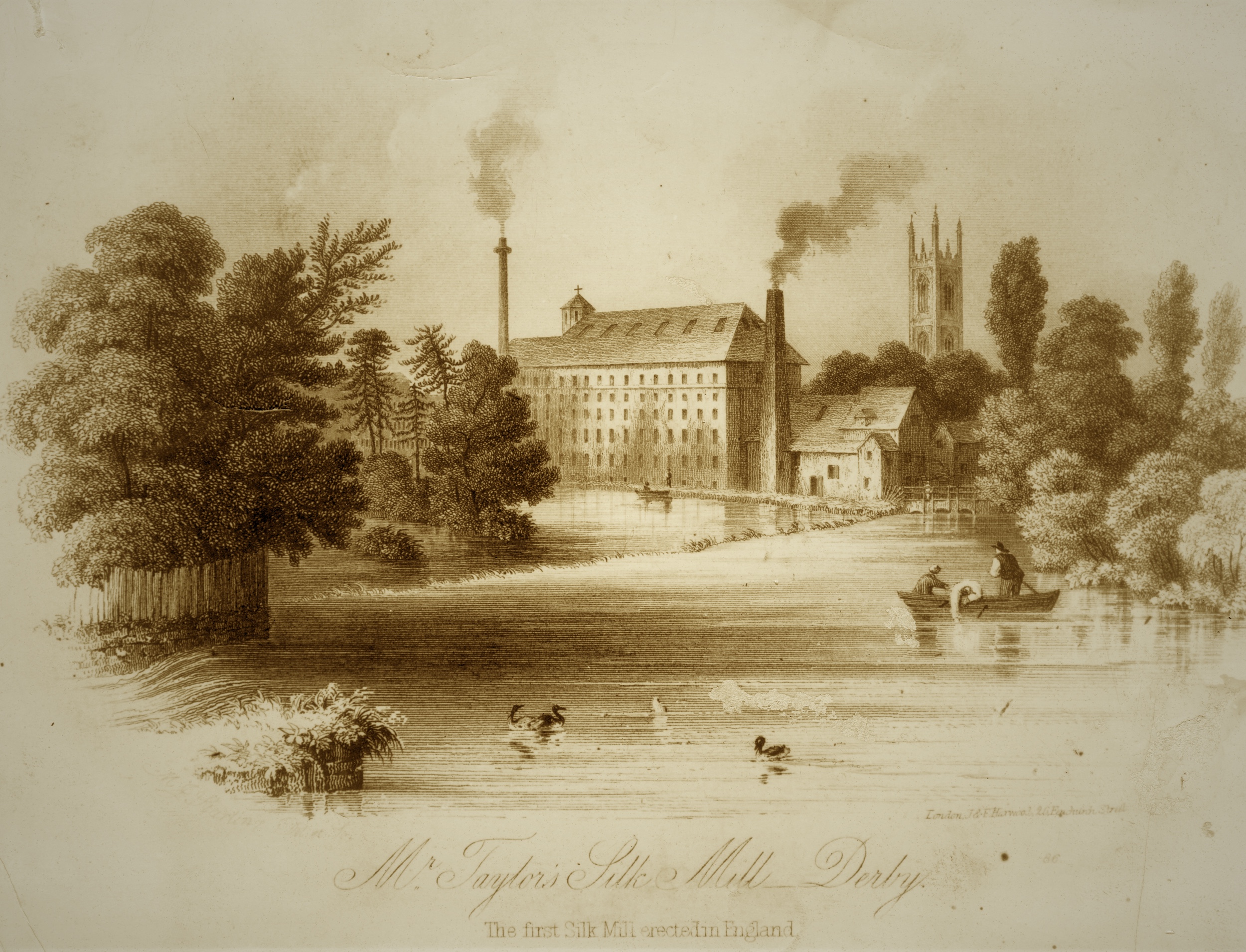 An old lithograph showing Derby's Silk Mill across the River Derwent in the 18th century