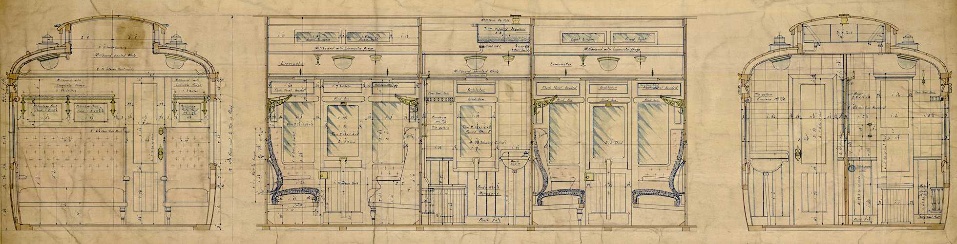 Detailed drawing showing the interior fixtures and fittings of a Midland Railway third class compartment