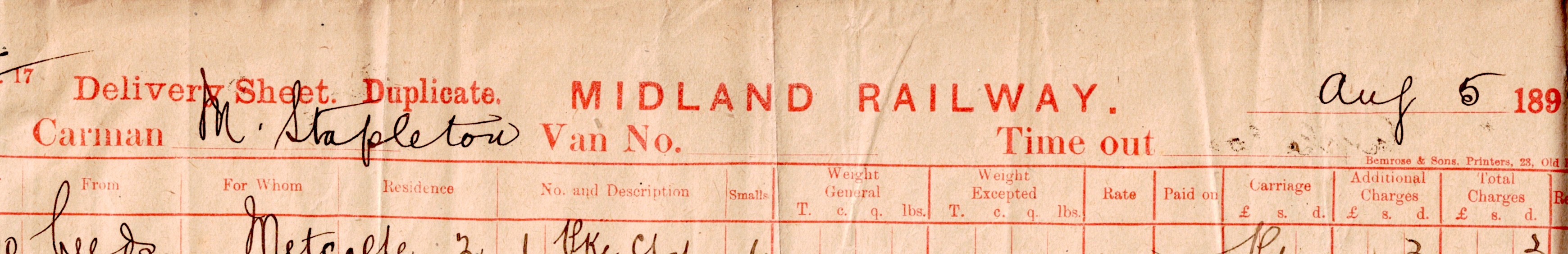 A break-section banner which reads MIDLAND RAILWAY Delivery Sheet.