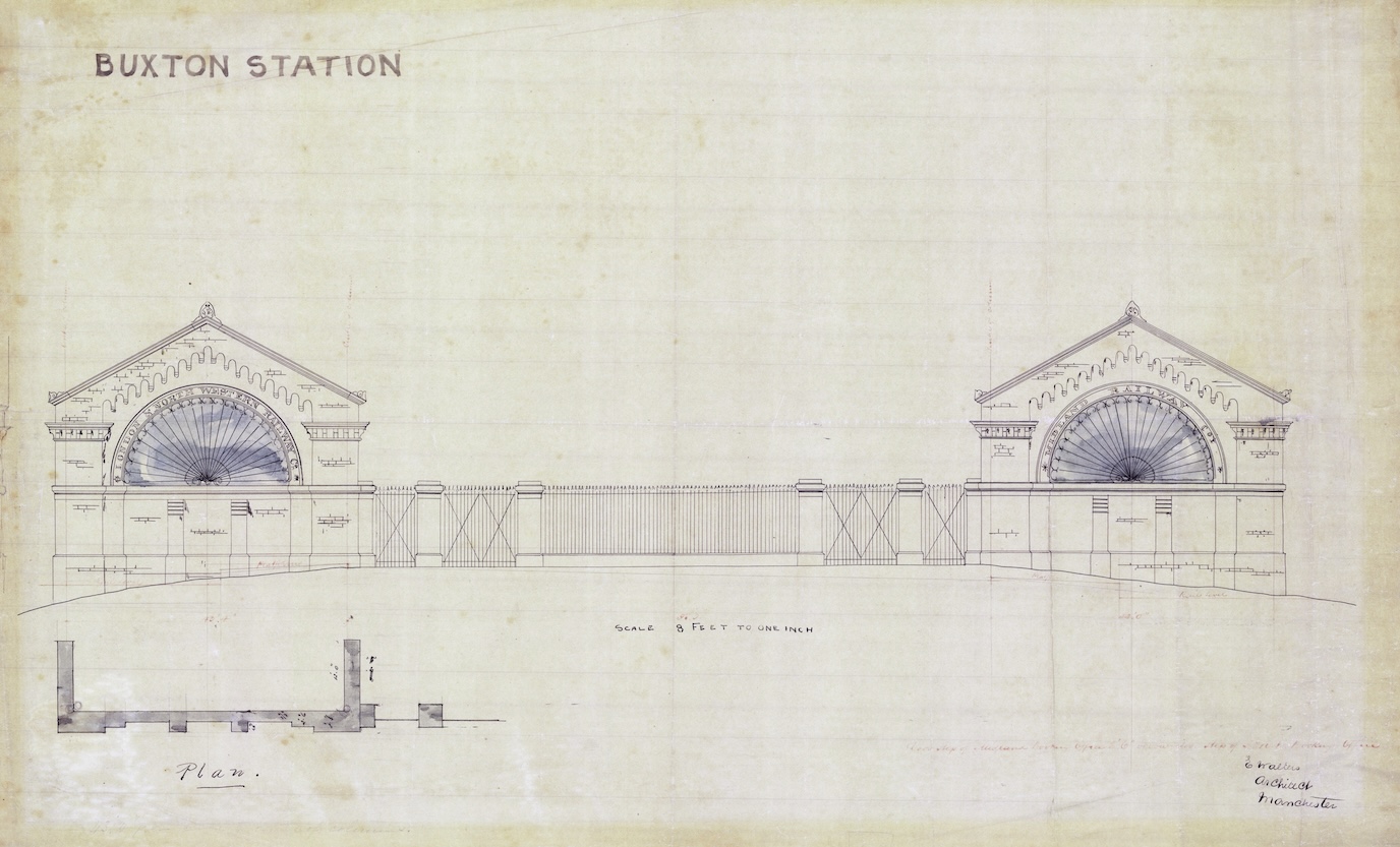 An architects drawing of the facade of the 1862 Buxton railway station