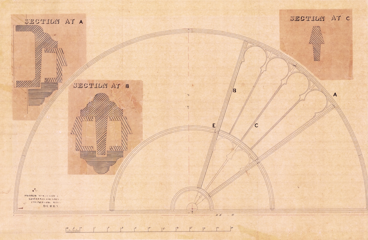 An architects drawing of the fan window frames of the 1862 Buxton railway station