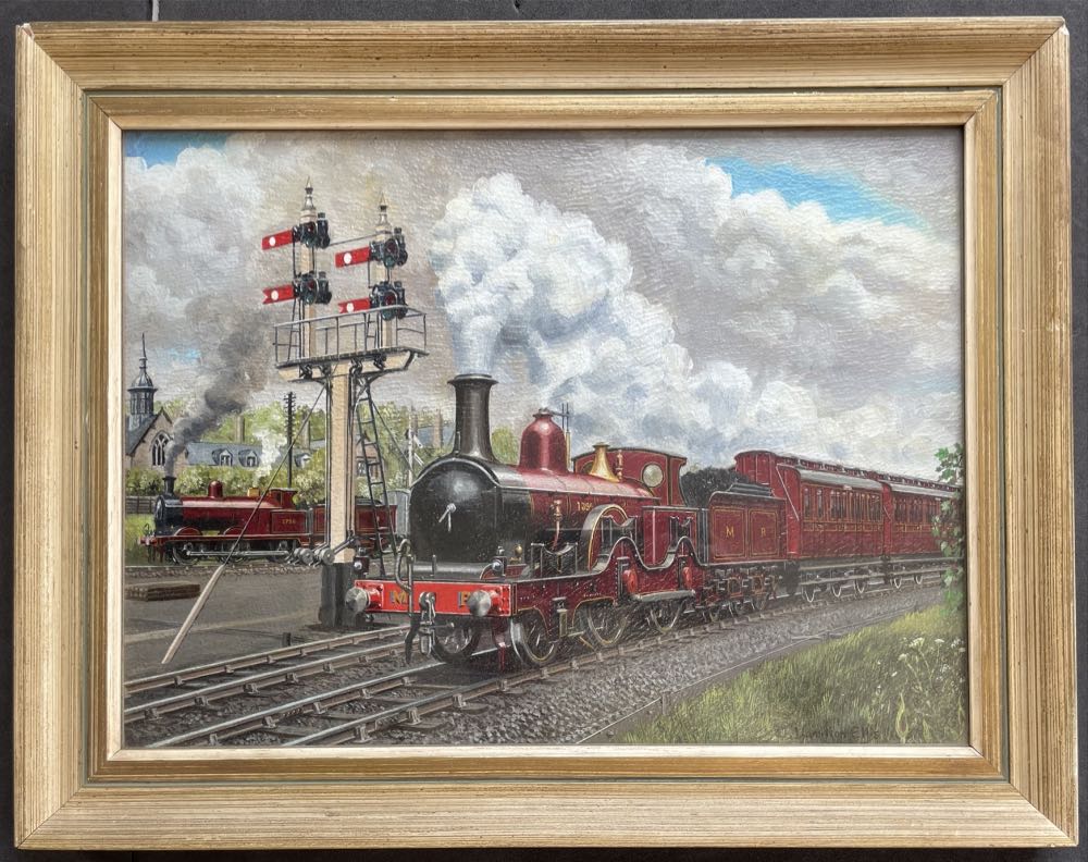 An oil painting in a gold frame. A Midland Railway engine in its Crimson Lake livery is steaming through the scene with a signal and featuring prominently and a goods train in the background