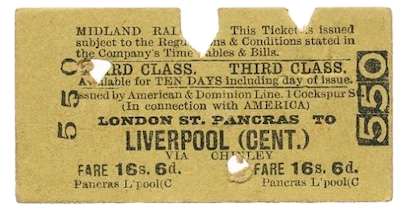 A Midland Railway ticket LONDON ST. PANCRAS TO LIVERPOOL (CENT.)