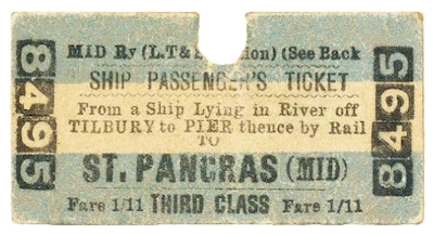 A Midland Railway ticket SHIP PASSENGER'S TICKET  From a Ship Lying in River off TILBURY to PIER thence by Rail to ST. PANCRAS (MID)