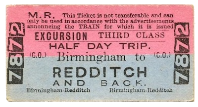 A Midland Railway ticket EXCURSION THIRD CLASS HALF DAY TRIP. Birmingham to REDDITCH AND BACK.