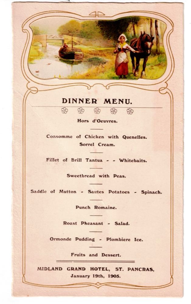 Vintage dinner menu from 1905, featuring chicken, mutton, and pheasant, with an illustration of a woman and horse leading a canal barge.