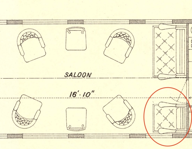 A single large seat in the corner of the carriage is circled in red