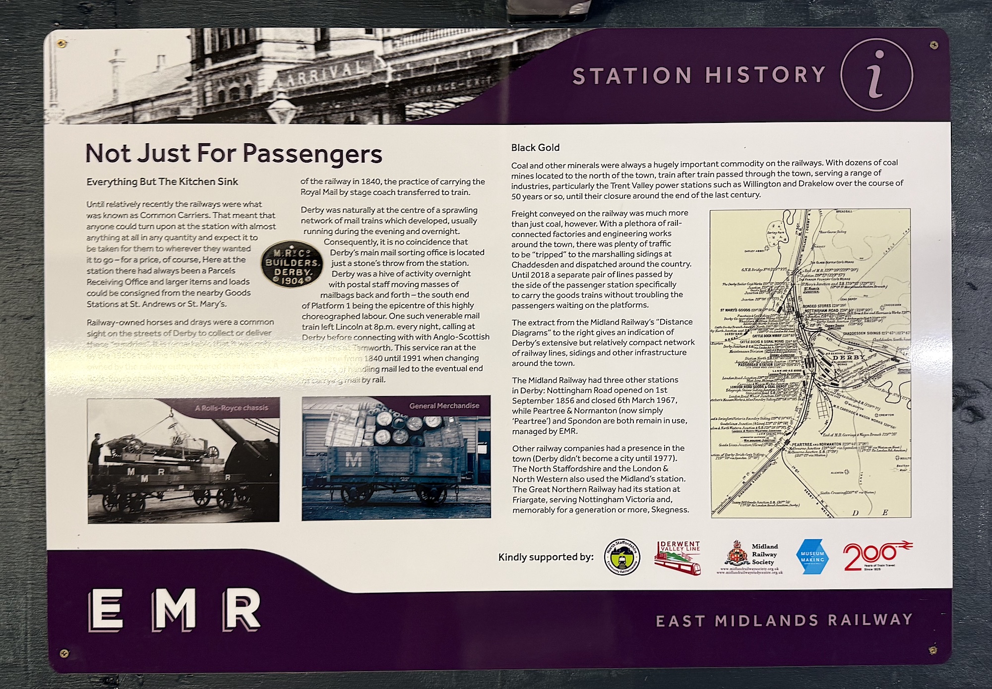 A close up of one of the station history panels installed in the subway of Derby railway station authored by the Midland Railway Society using Midland Railway Study Centre resources