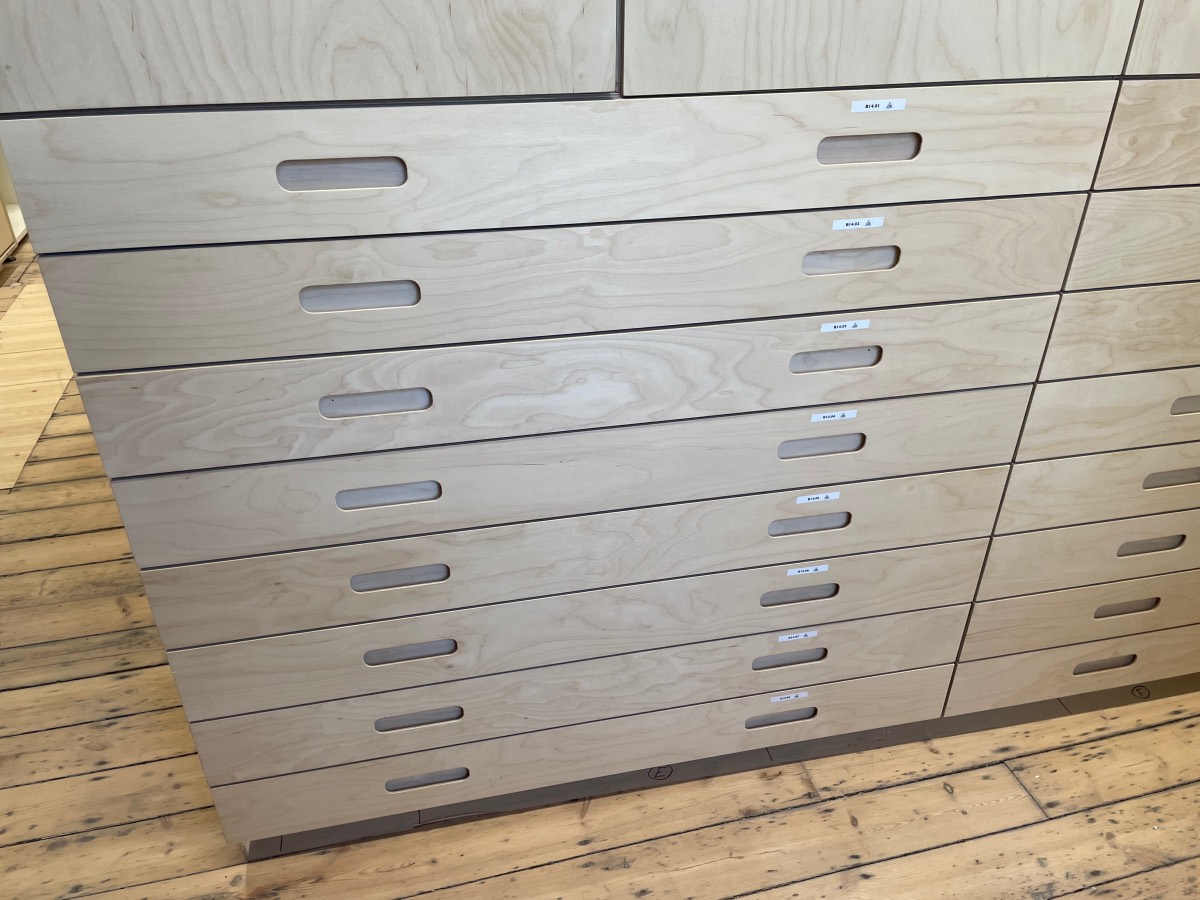 Newly constructed plan chest drawers labelled B14.01