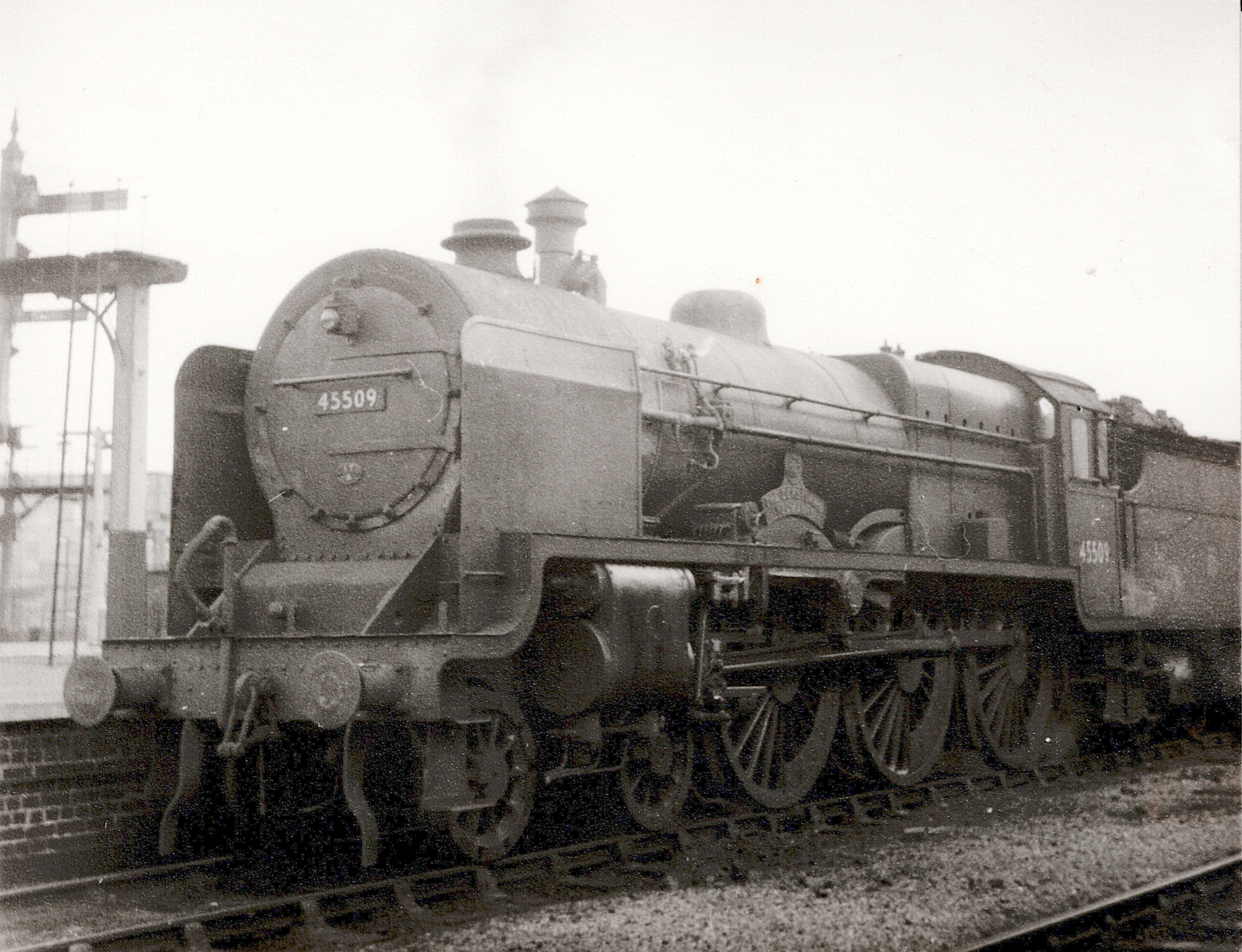 LMS Patriot class steam locomotive No.45509 named The Derbyshire Yeomanry is seen at Platform 2 of Derby station in the 1950s
