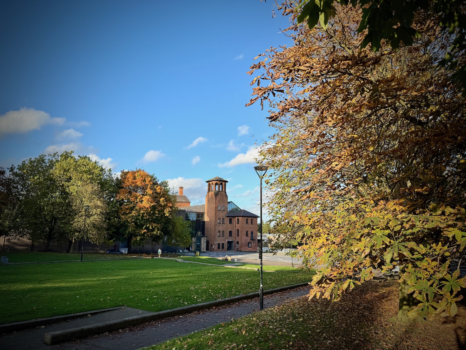 The Silk Mill can be glimpsed in the middle distance wacross the green space of Cathedral Green with the forground dominated by autumn foliage.