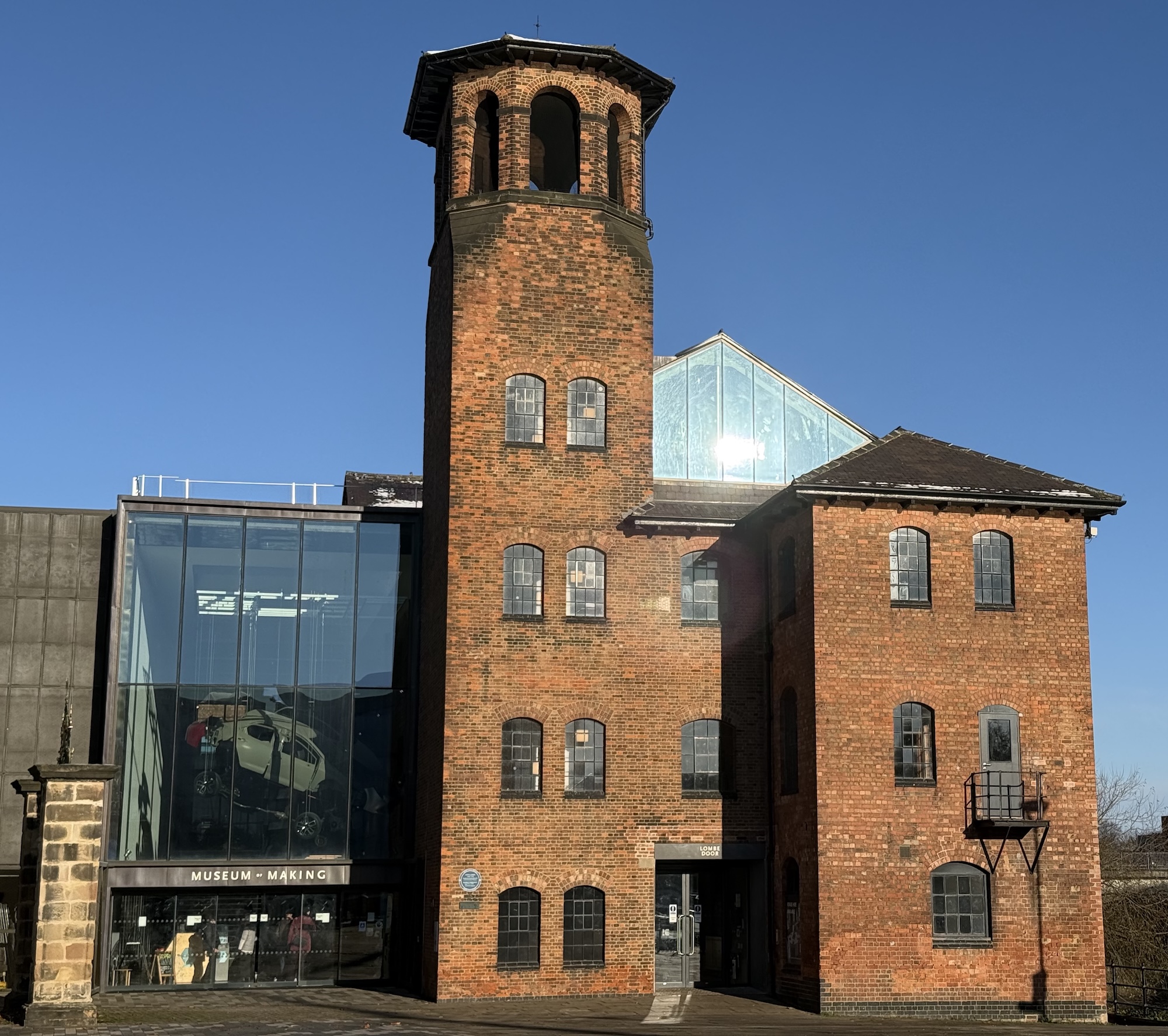 The Silk Mill frontage starkly lit by the bright low winter sun.