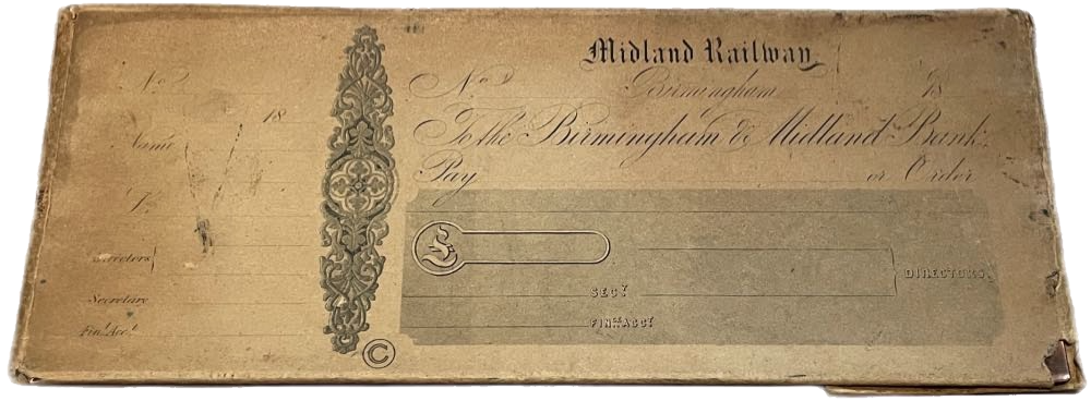 RFB23496: Copper printing plate for Midland Railway cheques payable on The Birmingham & Midland Bank. PP date 18. Contained in paper envelope printed with copy of cheque