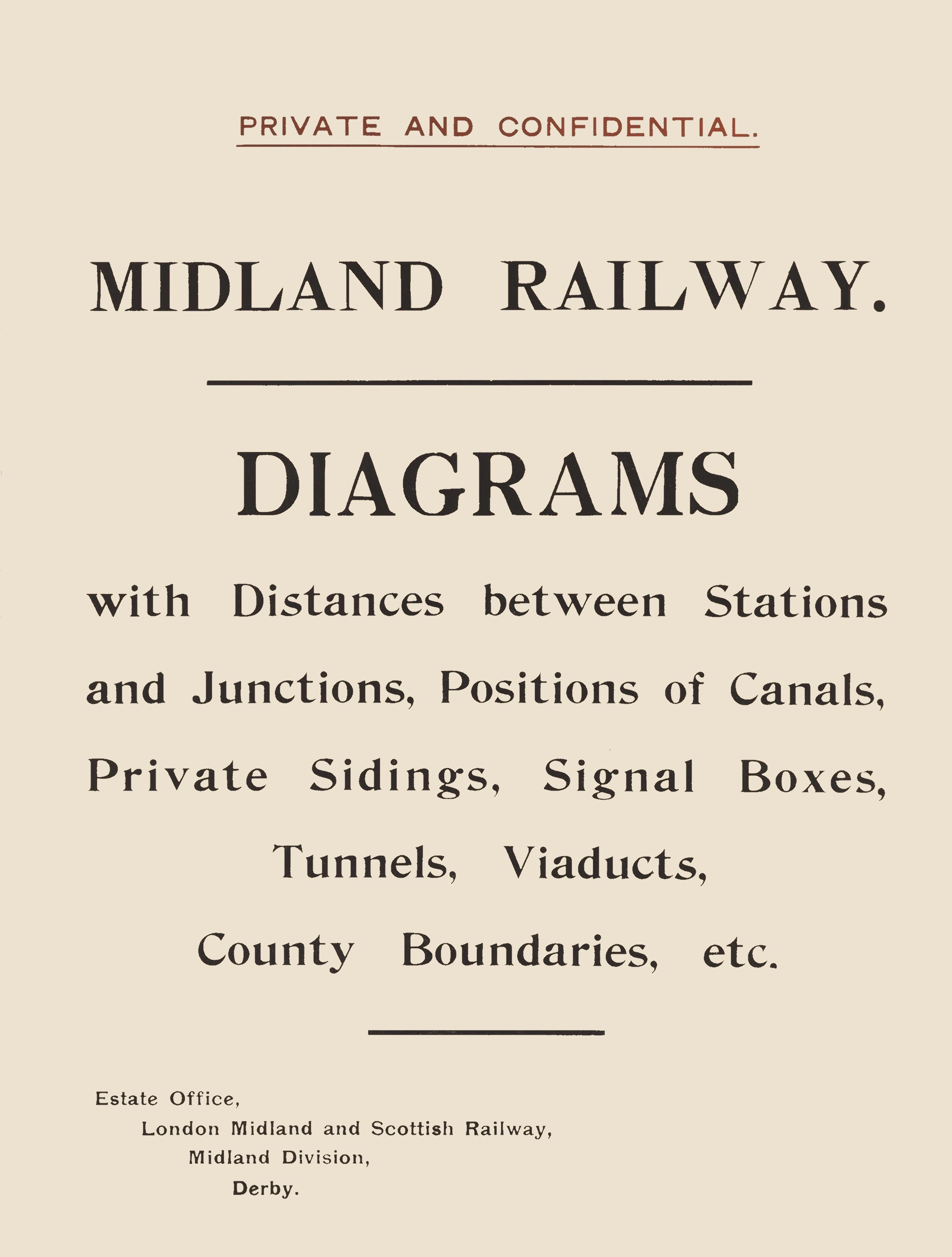The cover sheet to the Midland Railway Distance Diagrams. Spread over multile lines, it reads; PRIVATE AND CONFIDENTIAL. MIDLAND RAILWAY. DIAGRAMS with Distances between Stations and Junctions, Positions of Canals, Private Sidings, Signal Boxes, Tunnels, Viaducts, County Boundaries, etc. Estate Office, London Midland and Scottish Railway, Midland Division, Derby.