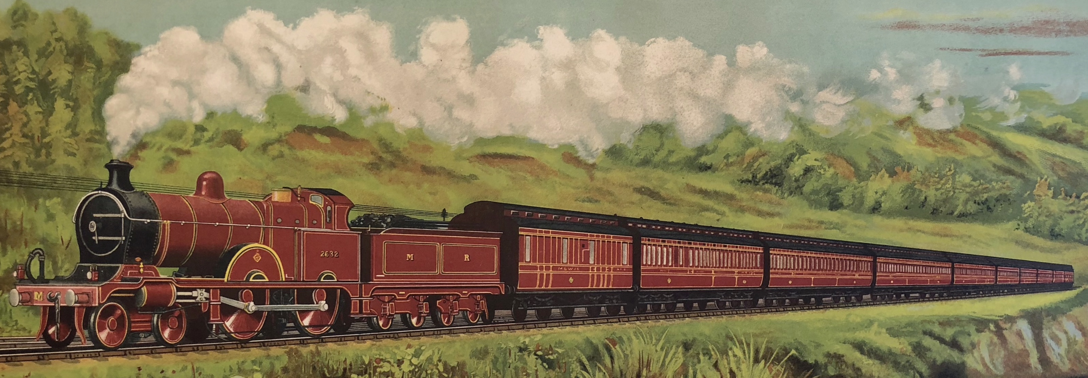 A Colourful Painting of a Midland Railway Express Passenger Train in a Rural Setting