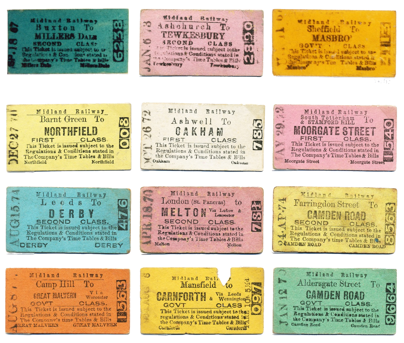 A collection of a dozen rectangular Midland Railway tickets  with a  variety of station names. Bright colours are used including varieties of oranges, yellows, pinks and greens.