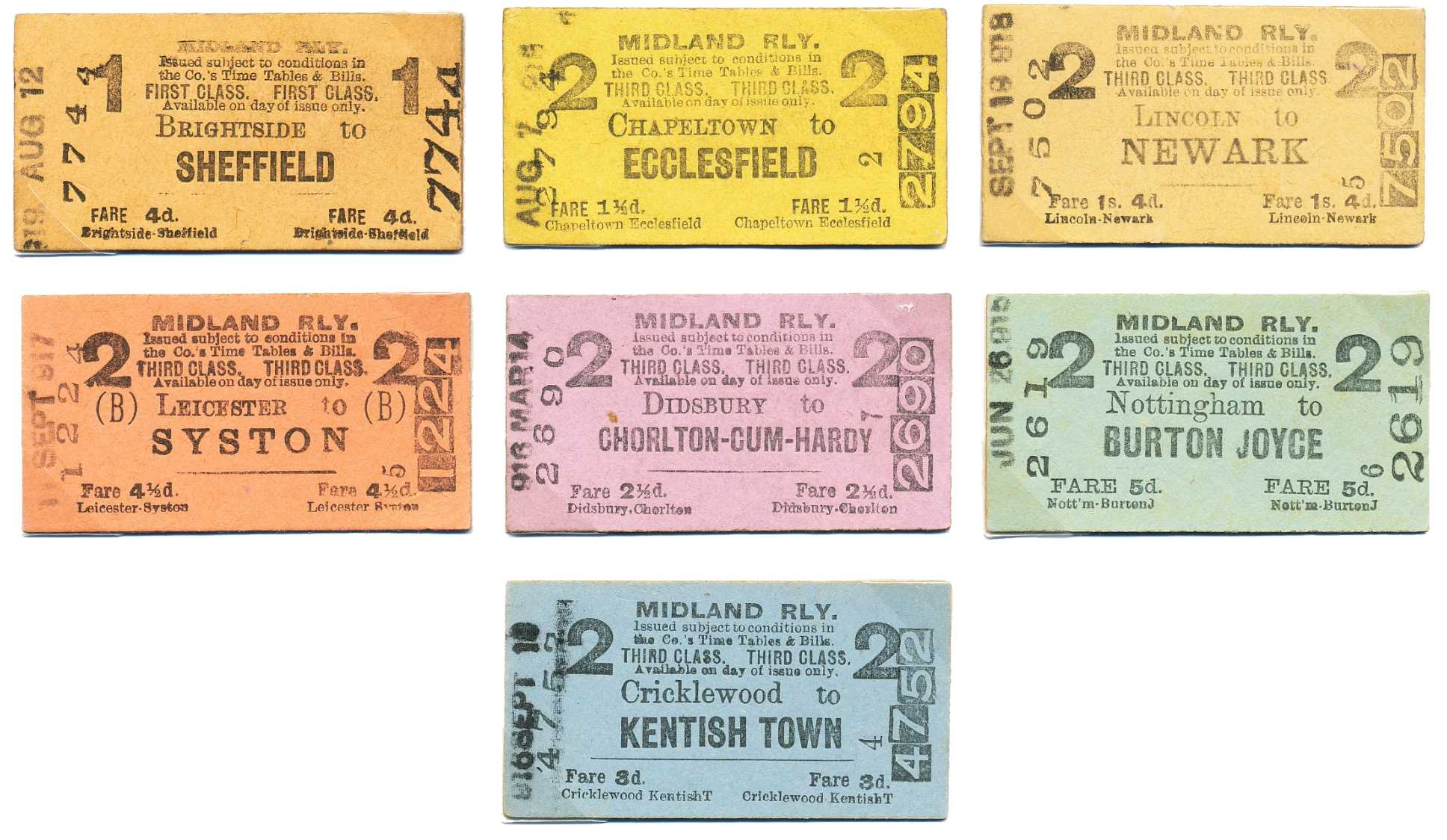 A collection of a dozen rectangular Midland Railway tickets  with a  variety of station names. Bright colours are used including varieties of oranges, yellows, pinks and greens.