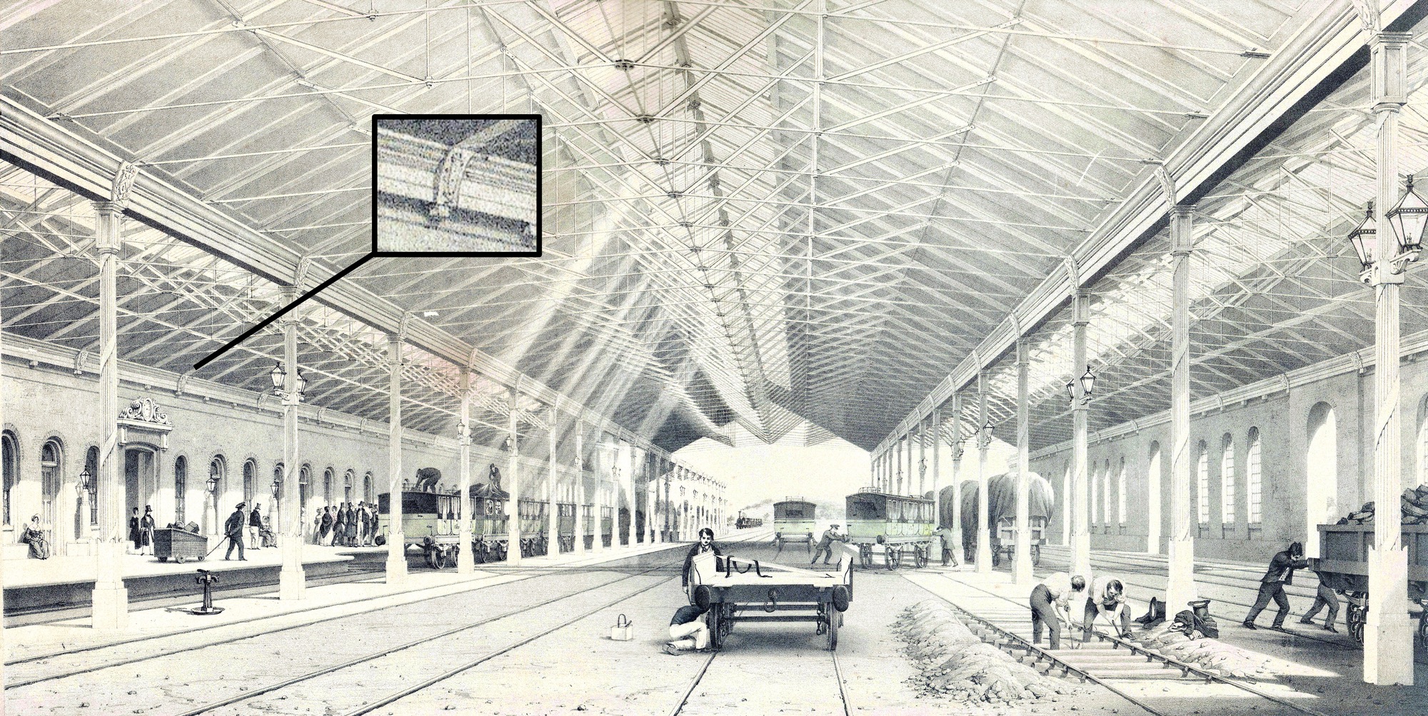 A lithogrpah from the 1840s showing the inside of the train shed at Derby station with the site of these crests highlighted