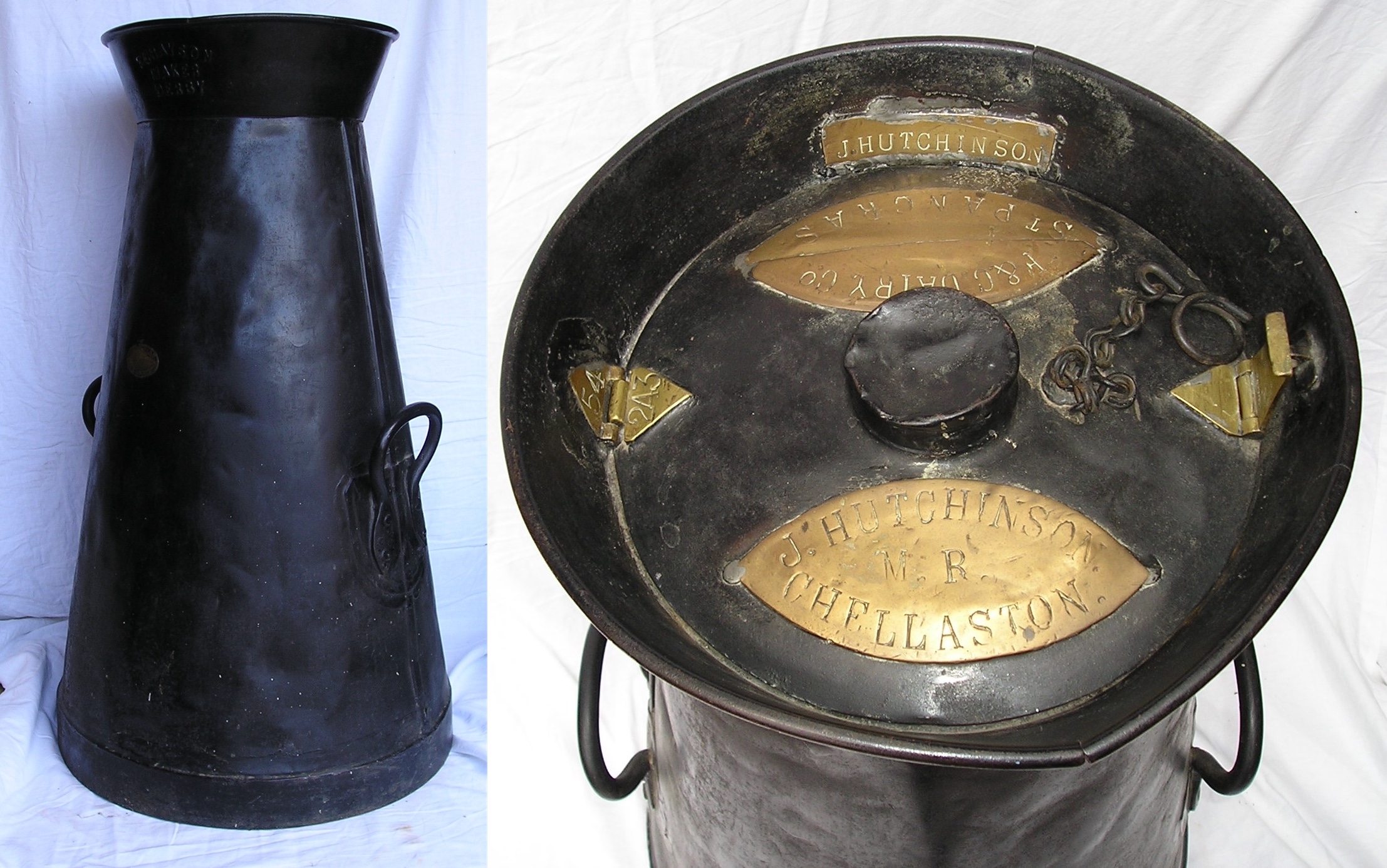 A view of a milkk churn, side-by-side with a close up view of the top of the churn with brass labels which read; J. Hutchinson, M.R., Chellaston.